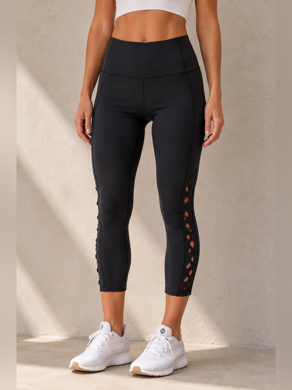 Lululemon Black Crop Leggings Cutout Lattice Detail Size 6